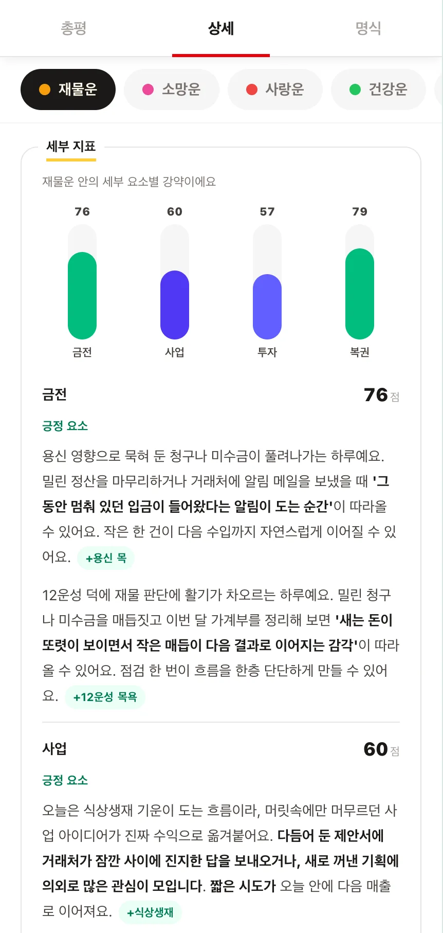 음양관 무료 오늘의 운세: 재물운 세부 지표(금전운, 사업운, 투자운, 복권운)